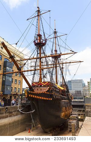 London, United Kingdom - June 22, 2017: Golden Hind, Replica Of A 16th Century Ship In The Seafront 