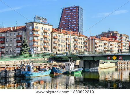 Klaipeda, Lithuania - August 20, 2017: Klaipeda City Center, Dange River 
Embankment, And Port Build