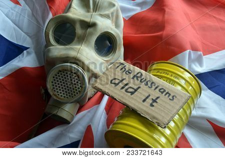 The scandal about poisoning of former spy Sergei Skripal. Concept. British Flag background.March 29, 2018 in Kiev,Ukraine