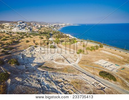 Aerial View Of Amathounta Ruins And Columns At Ancient Greek Roman Archaeological Site At Agios Tych