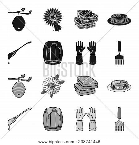 A Spoon Of Honey, Protective Gloves, A Barrel Of Honey, A Fork.apiary Set Collection Icons In Black,