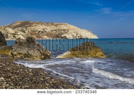 Mediterranean Seascape:  Sea Bay, Blue Sea, Rocks On The Coast On A Sunny Summer Day. Beach Of Aphro