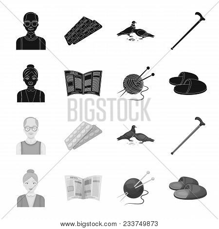 An Elderly Woman, Slippers, A Newspaper, Knitting.old Age Set Collection Icons In Black, Monochrome 