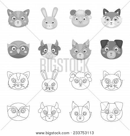 Owl, Cow, Wolf, Dog. Animal Muzzle Set Collection Icons In Outline, Monochrome Style Vector Symbol S