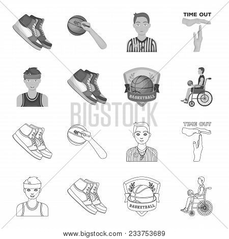 Basketball And Attributes Outline, Monochrome Icons In Set Collection For Design.basketball Player A