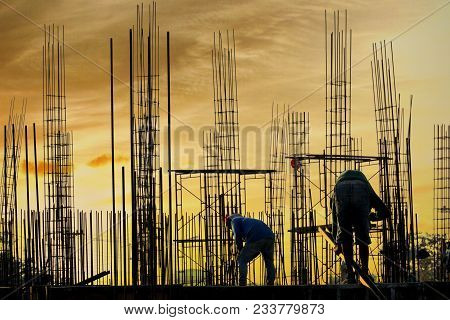 Silhouette Construction Industry Of Engineer Business Concept With Worker Standing On Safety Stand F