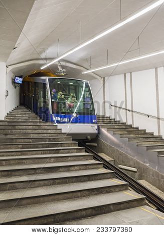 Bergen, Norway - May 04. Funicular Floibanen Arrived At Its Lowermost Point On May 4, 2013, In Berge