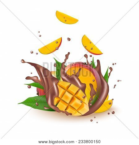 Juice Milk Chocolate Yogurt Candies Mango Cubes Splashing. Juicy Mango Splash Packaging Template. Fa