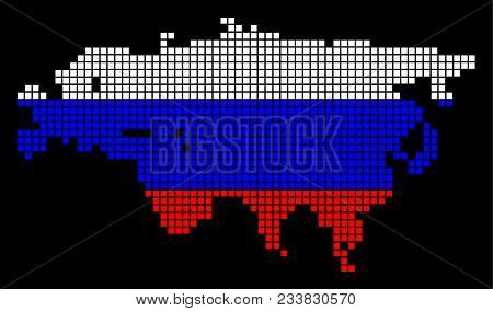A Dotted Pixel Eurasia Map. Vector Geographic Map In Russia Flag Colors On A Black Background. Russi