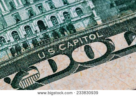 Close Up 50 Us Dollar Bills Capitol. Background
