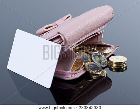Purse, Open With Saudi Riyal Coins And Blank Credit Card
