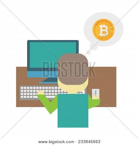 Cartoon Flat Illustration - Mining Bitcoin. A Young Man Nerd Sits Behind A Desk With A Computer Lapt