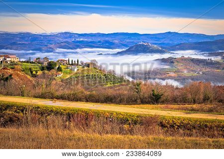 Idyllic Landscape Of Inland Istria In Fog View, Towns Of Motovun And Vizinada, Famous Tourist Destin
