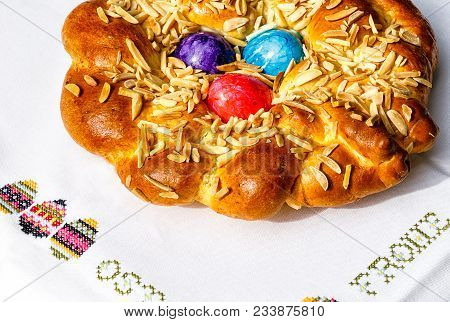 Homemade Easter Traditional Bread Decorated With Colorful Eggs, Festive Bakery