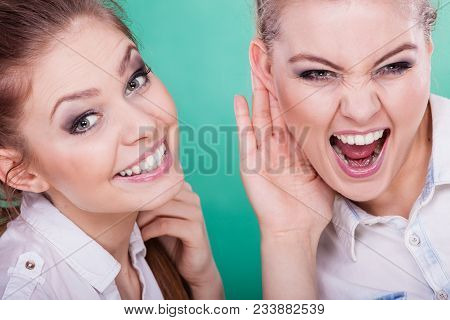 Young Woman Telling Her Friend Some Secrets, Two Women Talking Gossiping. Excited Emotional Girl Whi