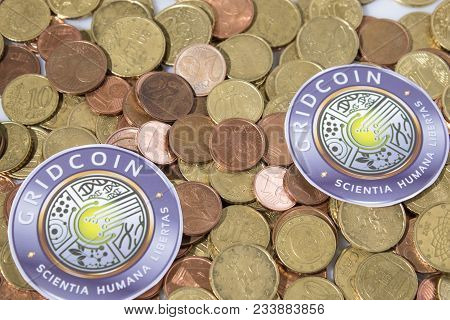 Cryptocurrency Euro Coins And Gridcoin In A Composition