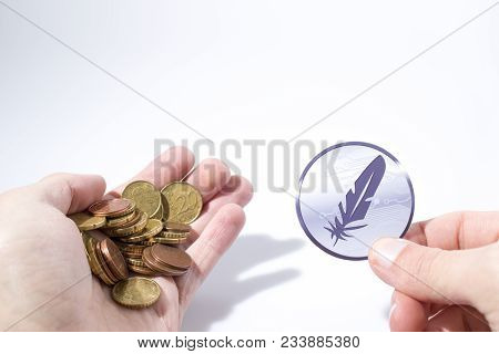Cryptocurrency Hand Is Holding Euro Coins And A Feathercoin In A Composition