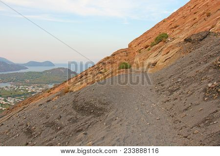 Ascent To The Volcano On The Island Of Vulcano, Italy, Lipari. Road To The Volcano.