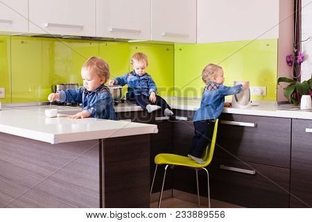 Danger Kitchen For Little Active Kids. Collage From Three Photos How Boy Risking Accident By Using A