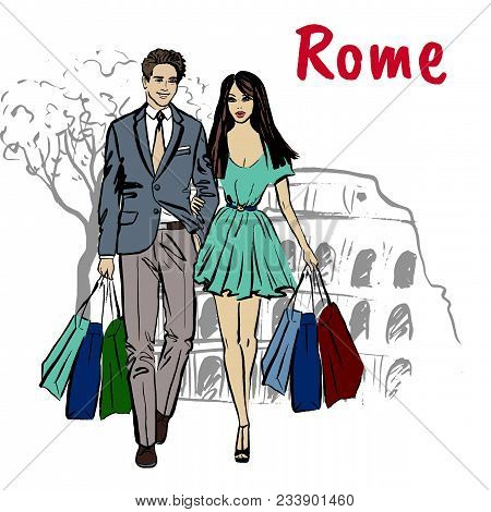 Fashion Sketch Of Beautiful Man With Shopping Bags In Rome