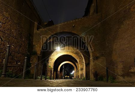 Illuminated Street At Night, Caelian Hill, Rome, Italy