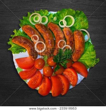 Plate With Delicious Food Sausage Meat Sausage Greens Serving Snacks Vegetables