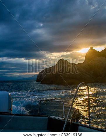 Beautiful Summer Landscape Sea Ocean, Clear Skies, High Mountains, The View From The Boat Of The Boa