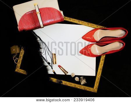 Background Image, Women Accessories, Bag, Shoes In Frame, White Background For Text