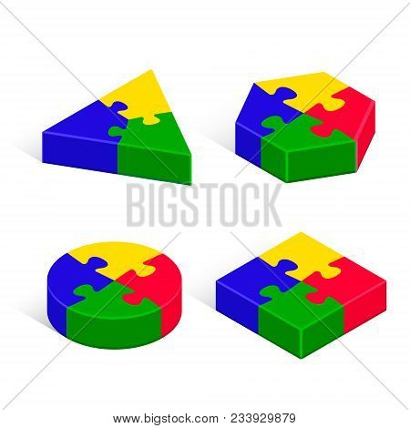 Puzzle 3d Geometric Isometric Figure Set, Three-dimensional Vector Isolated Color Illustration.