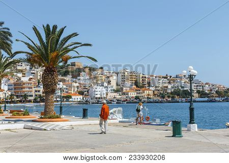 Sitia, Crete, Greece, June 11, 2917: Seaport Of Sitia Town With Moored Traditional Greek Fishing Boa