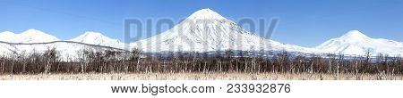 Scenery Panorama Winter Mountain Landscape Of Kamchatka Peninsula: Group Of Volcanoes Koryaksky, Ava