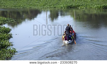 Rowing Boat Sport Team Practice On River In Outdoor