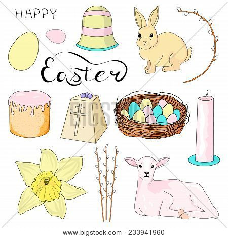 Set Of Design Elements For Holiday. Lettering Happy Easter. Collection Of Objects Egg, Hare, Lamb, P