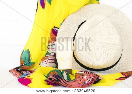 Natural Cosmetics For Skin Face Sunscreen Spf50 For Lifestyle Woman On Summer Relax