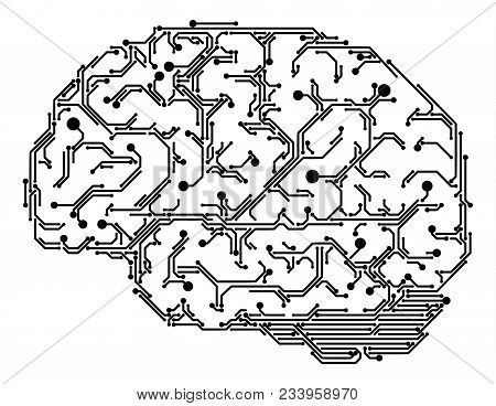 Vector Human Brain Made Of Semiconductor Tracks. Black Circuit Board Tracks On White Background. Ele
