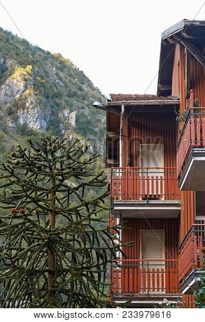 San Pellegrino Terme, Italy - August 18, 2017: Beautiful Modern Building With Balcony.
