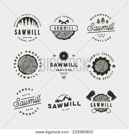 Set Of Sawmill Logos. Retro Styled Woodwork Emblems, Badges, Design Elements, Logotype Templates. Ve
