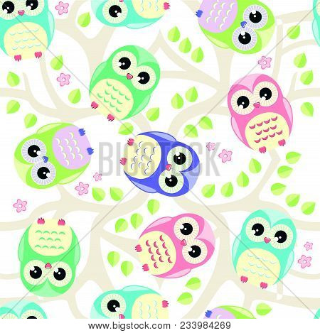 Cute Floral Seamless Vector Pattern With Owls