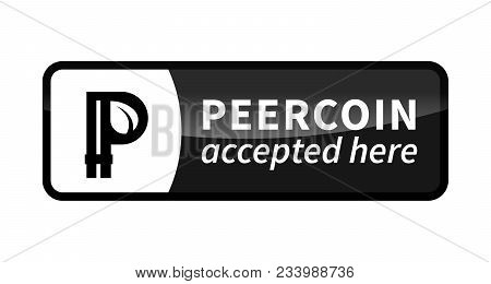 Peercoin Accepted Here, Black Glossy Badge Isolated On White