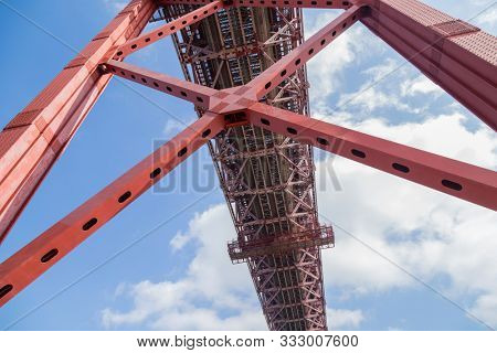 The 25 de Abril Bridge detail (Ponte 25 de Abril) is a suspension bridge in Lisbon over Tagus river, in Portugal.