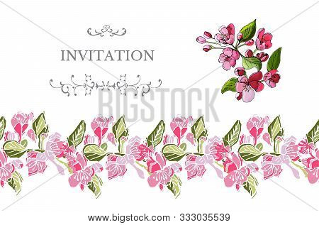 Horizontal  Template For Invitation Or Greeting Card With Colored  Blossoming Branch Of Apple Tree F