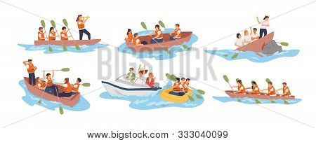 Business Team In Boat Vector Illustrations Set. Teamwork, Stuff Cooperation Concept. Different Situa