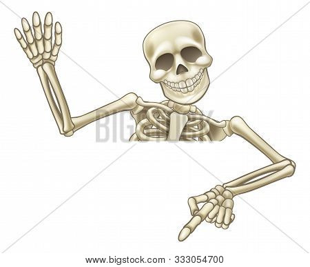 A Skeleton Cartoon Character Peeping Over A Sign Waving And Pointing Down At It