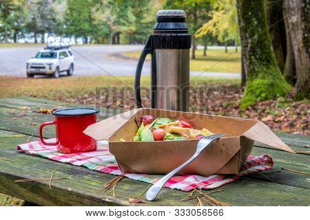 salad lunch with tea on a picnic table, forest parking with a SUV car in background, travel and driving concept
