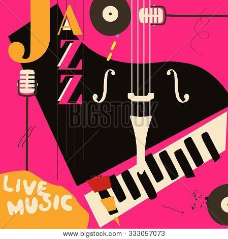 Jazz Music Festival Poster With Piano And Microphone Flat Vector Illustration Design. Colorful Music