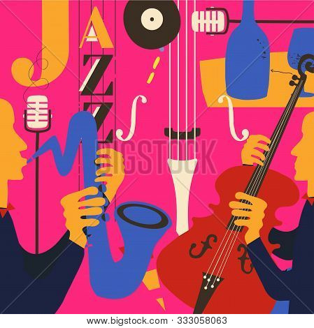 Jazz Music Festival Poster With Violoncello, Saxophone And Microphone Flat Vector Illustration Desig