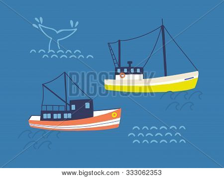 Fishing Trawlers In Open Sea Flat Vector Illustration. Commercial Whaling Boats And Huge Whale Tail 