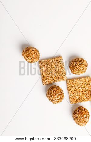 Indian Sweet Dish,sesame Seeds Ball Or Called In Hindi, Til Ke Laddu On White Background