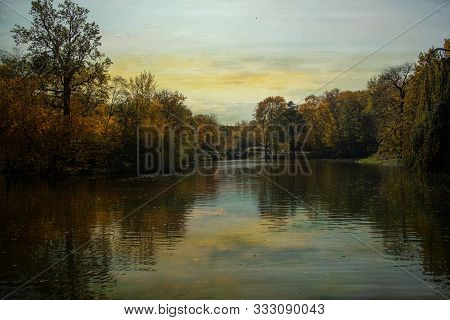 Beautiful Autumn Landscape From Warsaw Park. Royal Bathrooms In Poland
