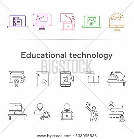 Educational Technology Line Icon Set. Computer, Online Class, Lection. Webinar Concept. Can Be Used 